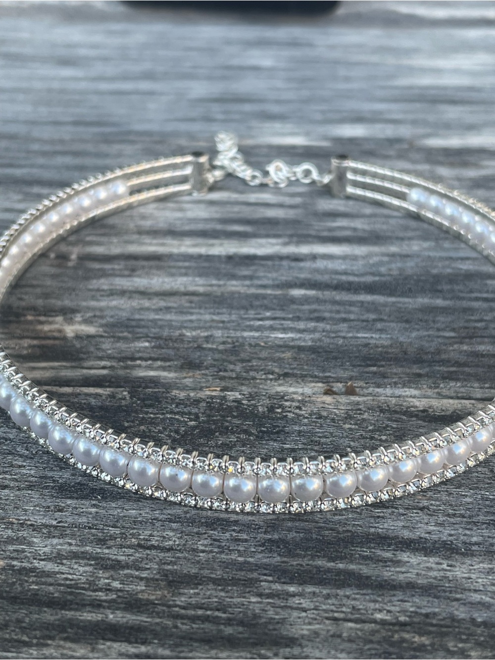 3 tier silver bridal core whimsical silver choker with rhinestones & faux pearls